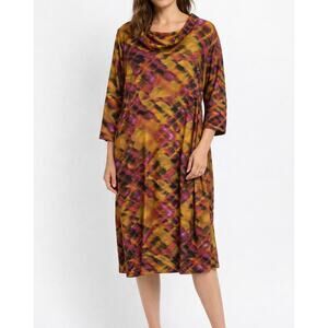 Anna Scholz Double Silk Satin Cowl Neck Midi Dress Pleated Check Abstract NWT